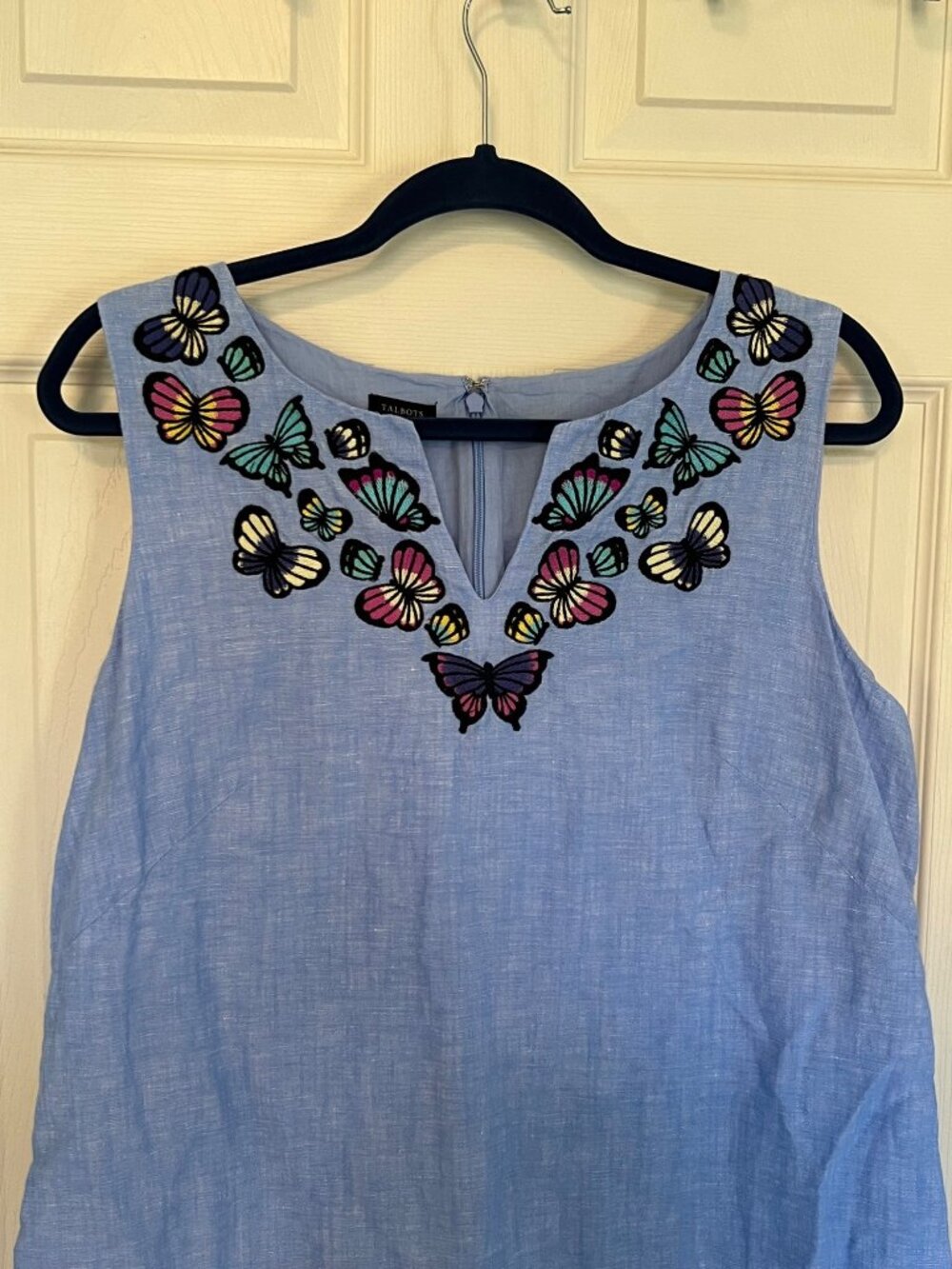 Talbots Embroidered Embroidered Butterfly Linen Shift Dress Blue Knee Length 12 - Picture 3 of 11